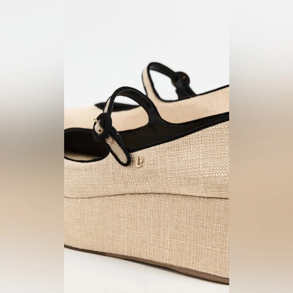 Larroude | Blair Platform Mary Jane Shoes In Raffia Beige Black Size 6.5 NEW